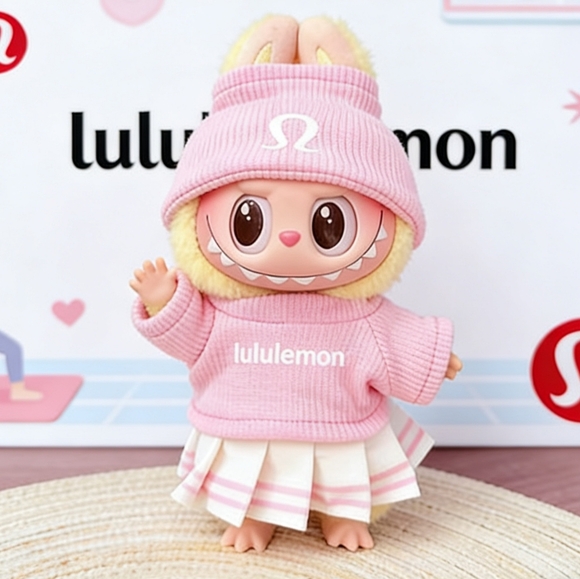 Labubu Pink Lululemon Style Doll Outfit Set (Sweater, Pleated Skirt and Beanie.) - Picture 4 of 5
